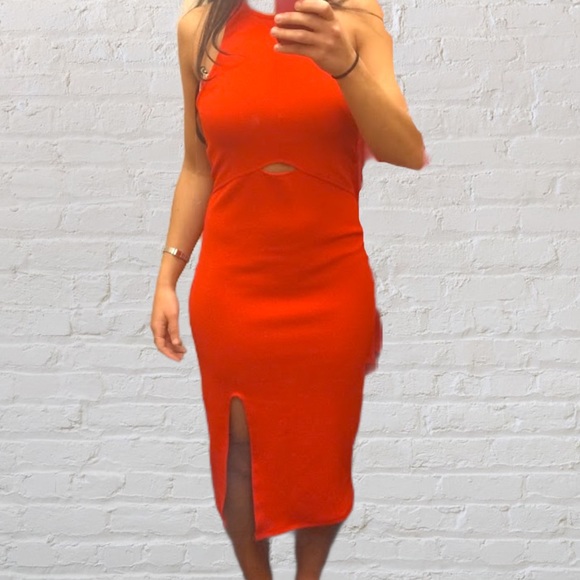CAD Nordstrom Red Bodycon Cutout Halter Dress Black Tie Midi Slit Open Back - Picture 6 of 9